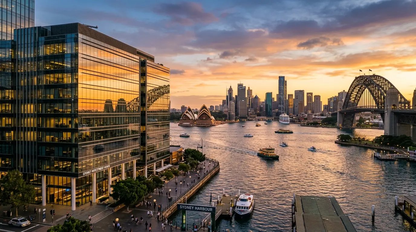 Sydney harbour skyline at golden hour